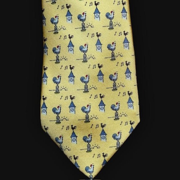 Hermes Mens Silk Necktie Bright Yellow Rooster 6 o' Clock Sunrise Print … - Picture 3 of 9
